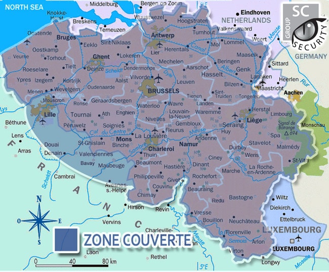 Zone géographique couverte par nos agents en uniforme, par nos agents avec chien, pour la sécurisation d'évènements